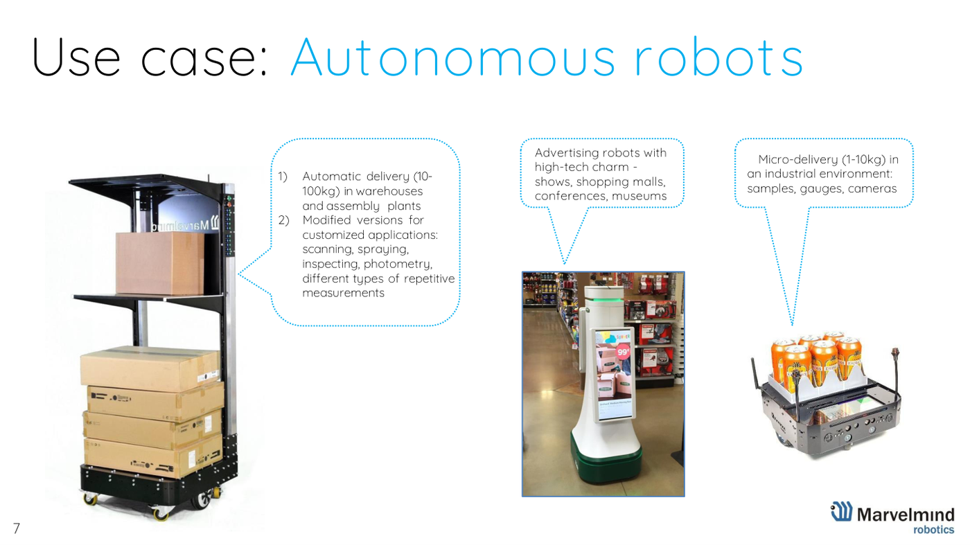 Use case - autonomous delivery robots in warehouses and assembly plants - Marvelmind presentation, slide 7