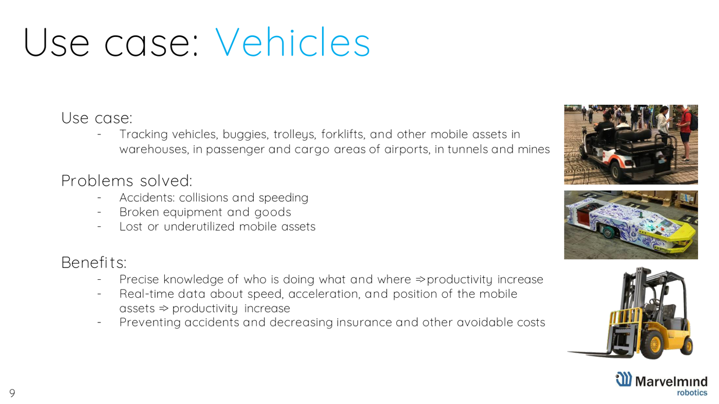 Use case - tracking forklifts, AGVs and huge transport vehicles - Marvelmind presentation, slide 9