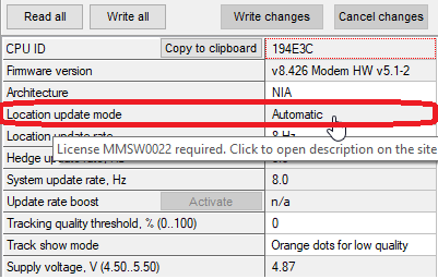 Location update mode parameter requires the MMSW0022 license