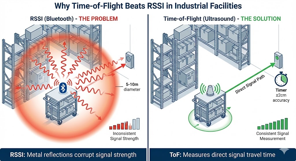 RSSI signal multipath problem versus Time-of-Flight direct measurement in metal manufacturing environment